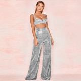 Women's ironing silver wide leg trousers high waist straight tube women's casual pants