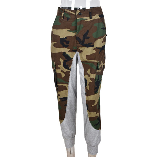 Sexy slim contrast fabric casual camouflage pocket pants