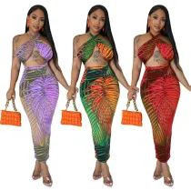 Sexy sleeveless strapless backless dress with split print dress