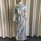 Long sleeve printed pleated lace Tongle long skirt large dress