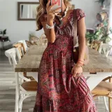 Waistband floral print large hem dress
