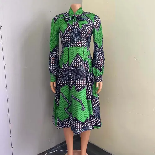 Fashion printing lace up high waist large skirt dress