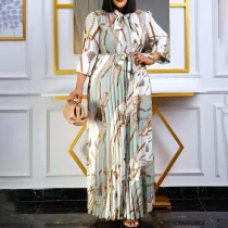 Long sleeve printed pleated lace Tongle long skirt large dress