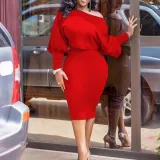 Solid color off-shoulder long-sleeved top with buttocks and high waist skirt suit two-piece