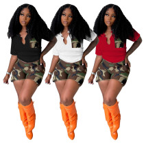 Women's camouflage style short-sleeved shorts two-piece patchwork pocket elastic digital print set