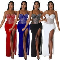 Hip wrap dress with suspender, high slit, hot diamond sexy nightclub dress