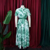 Button print short sleeve high waist large dress