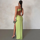 Oblique shoulder dress, solid color pullover, sexy backless evening dress, long style, celebrity style, split skirt