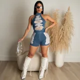 Denim neck tassel beggar sexy jumpsuit