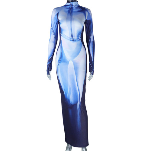 Standing neck tight-fitting dress medium length digital print long-sleeved glove pencil skirt