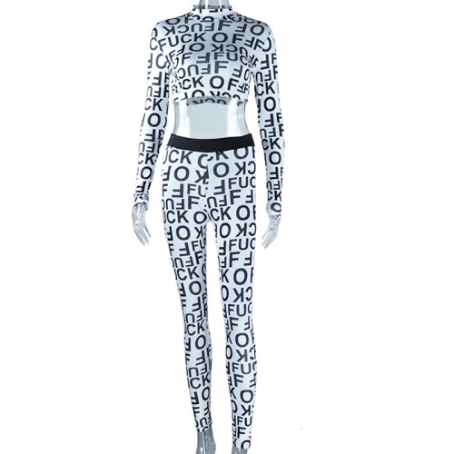 Fashion letter printing long-sleeved shirt and trousers sports suit with exposed navel