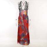 Sexy deep V-neck lace patchwork printed drawstring long dress Spicy girls backless holiday dress