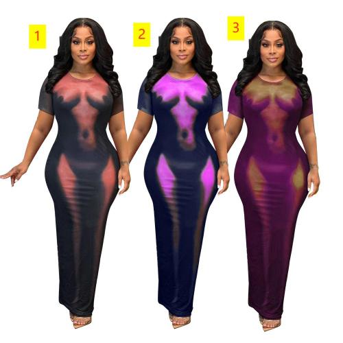 Full-body positioning printing sexy short-sleeved dress