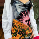 One-piece collar street trendsetter multi-color printed suspender dress