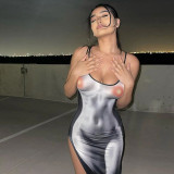 Sexy body print chest strap high split dress slim hot girl color contrast dress