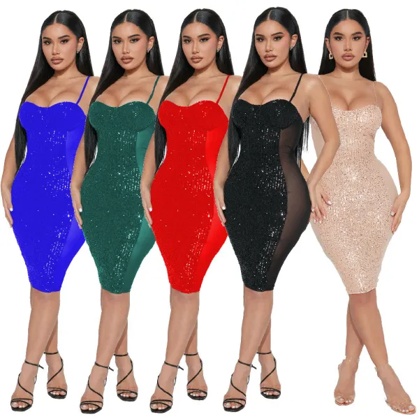 Fashion suspender skirt nightclub style sexy perspective bra sequin dress
