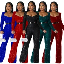 Bra length slim long sleeve sequin jumpsuit without belt