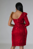 Fashionable buttock nightclub one-shoulder feather long-sleeved high-split hot diamond slim dress