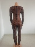 Large women's sexy positioning print pattern mesh jumpsuit