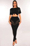 Women's fashion sexy perspective mesh pants solid color T-shirt two-piece suit