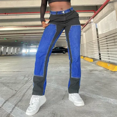 Women's personalized trend color contrast wash straight jeans