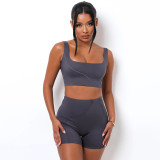 Solid color square-neck sleeveless ultra-short navel vest+high-waist tight-fitting three-piece pants exercise yoga two-piece set