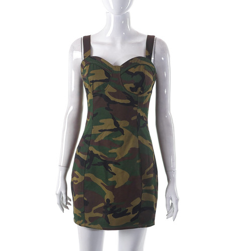 Casual camouflage printing sleeveless zipper slim sling short dress