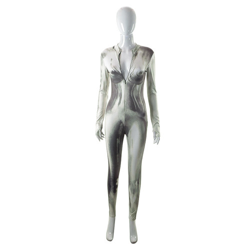Fashion body print slim sexy long-sleeved jumpsuit
