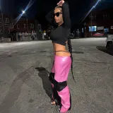 Fashion women's PU panel contrast low-waist zipper straight split pants