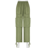 Solid color loose straight tube high waist panel multi-pocket zipper heavy street woven work pants