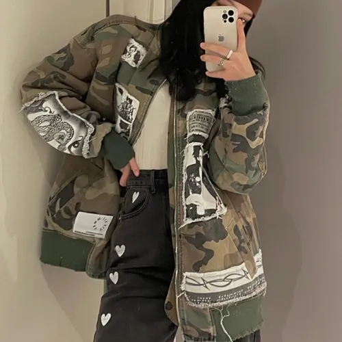Casual loose versatile denim camouflage pocket thickened warm cotton jacket