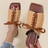 Large women's shoes, solid color lace up, flat bottom, low heel, square toe, sandals