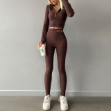 Sports yoga solid color lapel zippered long-sleeved pullover jacket+high-waisted leggings tight-fitting two-piece set
