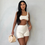 Solid color square-neck sleeveless ultra-short navel vest+high-waist tight-fitting three-piece pants exercise yoga two-piece set