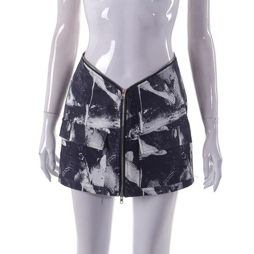 Printed zip hem buttock wrap fashion skirt