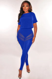 Women's fashion sexy perspective mesh pants solid color T-shirt two-piece suit