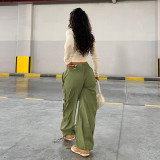 Solid color loose straight tube high waist panel multi-pocket zipper heavy street woven work pants