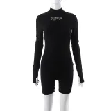 Letter embroidered round neck fingerhole long-sleeved bodysuit shorts