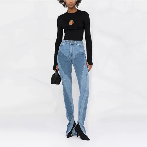 Trendy split jeans with slim legs and heavy stitching design show thin high-waist trousers