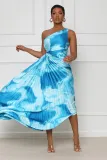 Sexy one-shoulder wispy print pleated dress