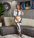 Fashion diagonal shoulder printed cropped pants button sports two-piece set