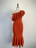 Fashion temperament medium length dress sexy high waist fishtail evening dress