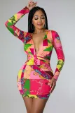 Sexy and fashionable digital printing V-neck women's dress