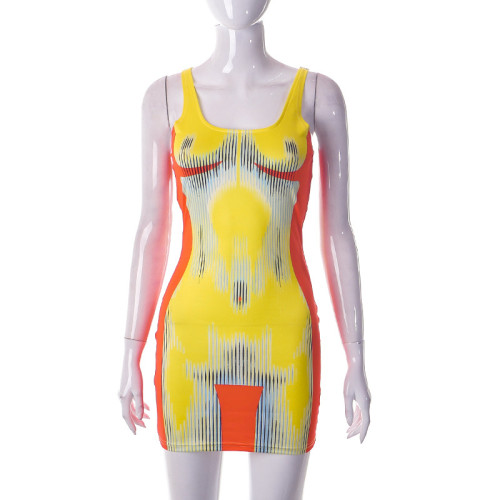 Sexy suspender digital body print sleeveless slim short dress