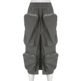 Women's solid color high waist zipper panel large pocket loose heavy work dress skirt