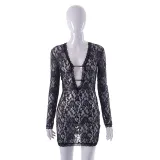 Sexy mesh lace long-sleeved V-neck perspective short dress