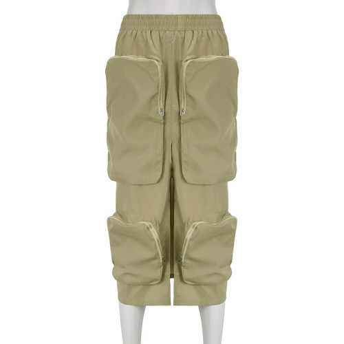 Women's solid color high waist zipper panel large pocket loose heavy work dress skirt