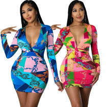 Sexy and fashionable digital printing V-neck women's dress