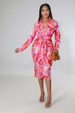 Sexy and fashionable digital printing V-neck women's slim dress