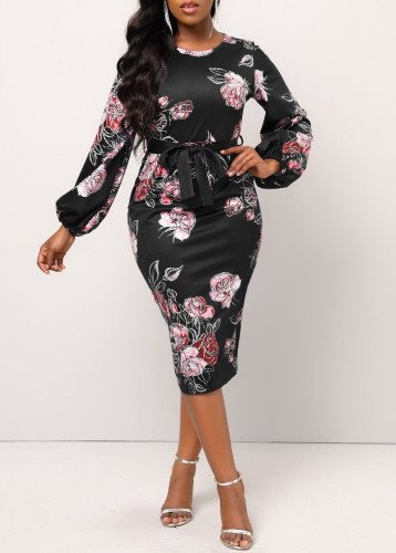 Sexy and fashionable digital printing long-sleeved round neck women's dress